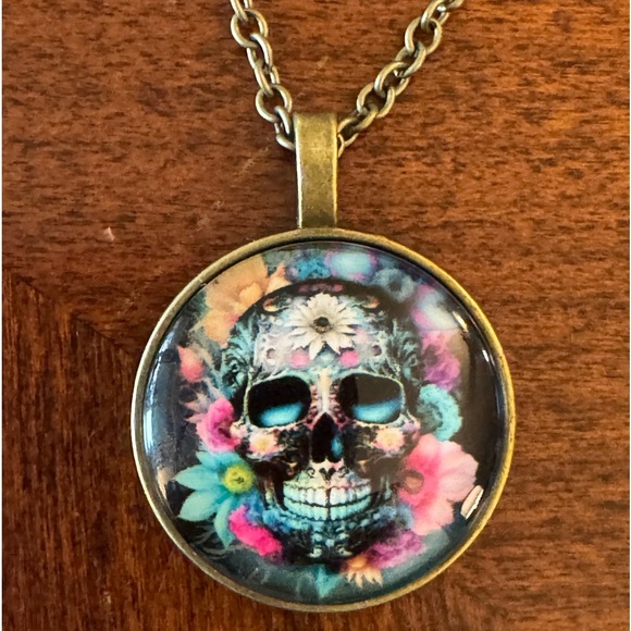 Sugar Skull Colorful Pendant Punk, Halloween Cabochon Badass Bronze Necklace - Picture 2 of 7